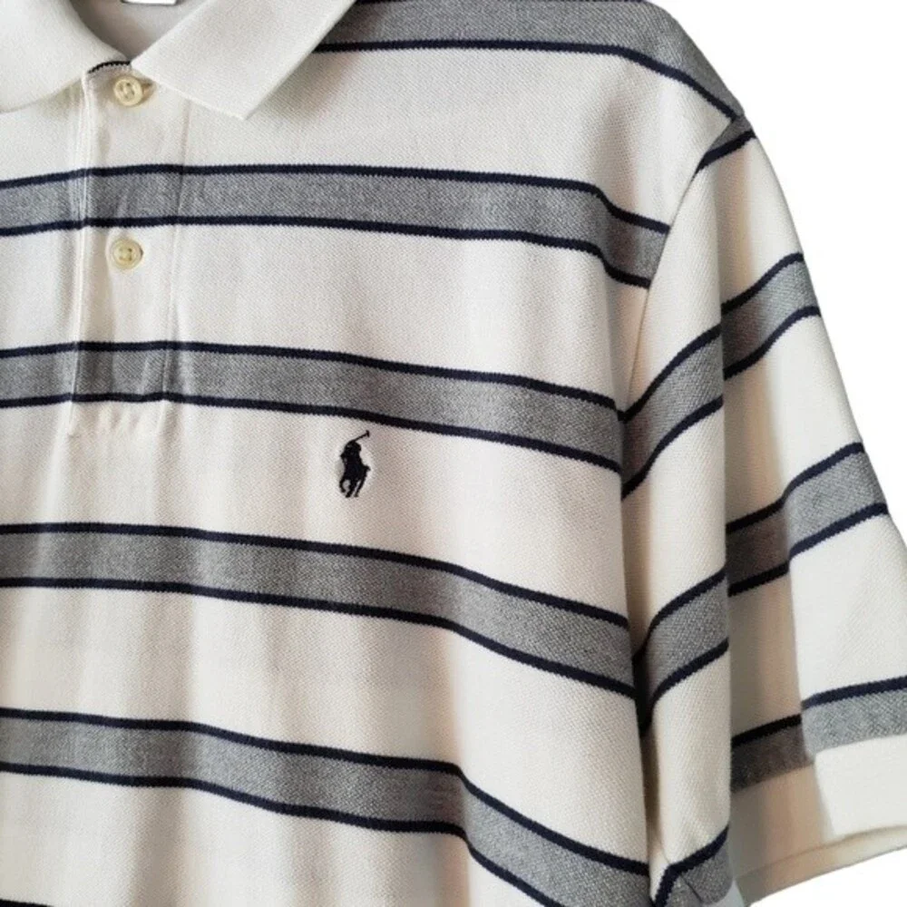 Polo by Ralph Lauren White Gray Black Stripes Short Sleeve Texture Knit Shirt M - Picture 2 of 5